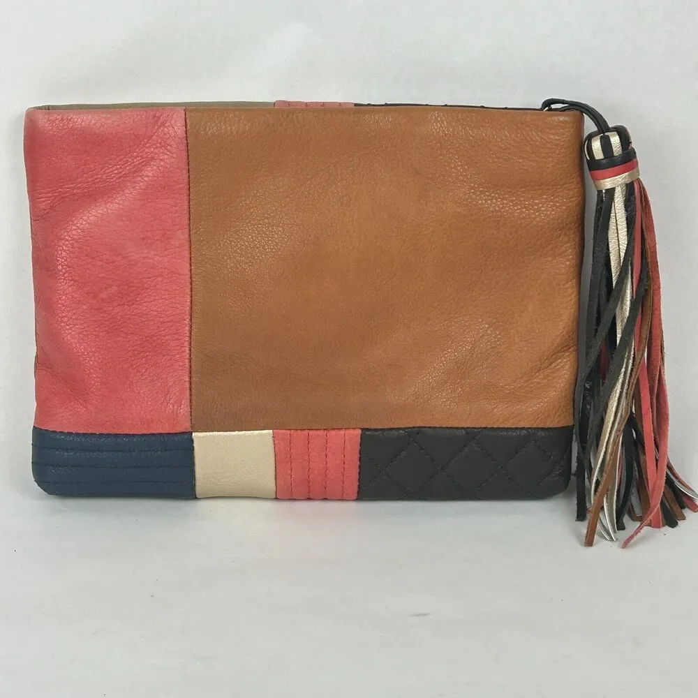 Margot New York Leather Black Pink Tan Colorblock Clutch Bag Purse Large Tassel